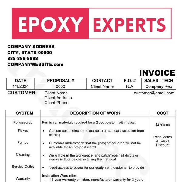 Contractor Invoice Template, Epoxy Invoice Template, Epoxy Flooring, Invoice Template, Epoxy Quote Template, Editable Word File