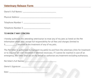 Vet Release Form, Vet Release Template, Pet Sitter Templates, Dog Sitter Vet Info, Cat Sitter Vet Info, Pet Vet Info Sheet, Veterinary Form