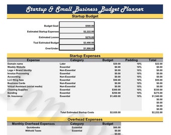 Startup Budget Summary, Small Business, Business Budget, Start-up Template, Instant Download, Editable Excel