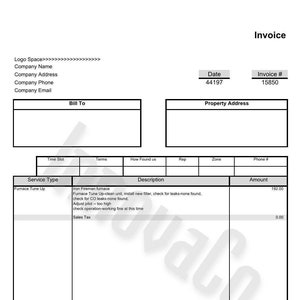 May include: Invoice for a furnace tune-up service. The invoice includes the date, invoice number, service type, description, and amount. The total amount due is $192.00.