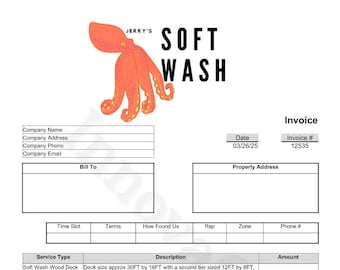 Soft wash invoice template, power washing invoice, pressure washing invoice, exterior cleaning services, excel based editable template