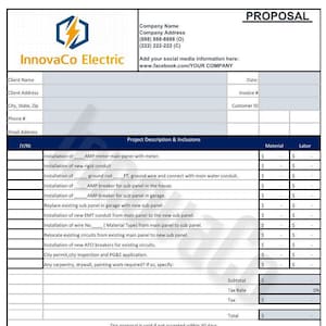 Könnte beinhalten: Ein Angebotsformular für Elektroarbeiten mit einem schwarz-weißen Logo eines Blitzes und dem Text "InnovaCo Electric". Das Formular enthält Abschnitte für Kundeninformationen, Projektbeschreibung, Materialien, Arbeitsaufwand und Annahme des Angebots.
