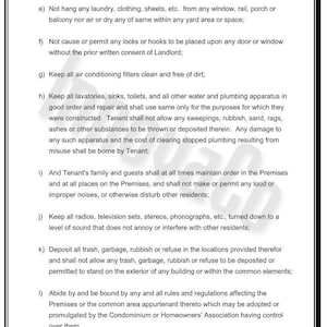 May include: A black and white document with text detailing rules and regulations. The text includes clauses about windows, laundry, locks, air filters, plumbing, noise, and waste disposal. The document is framed with a black border.