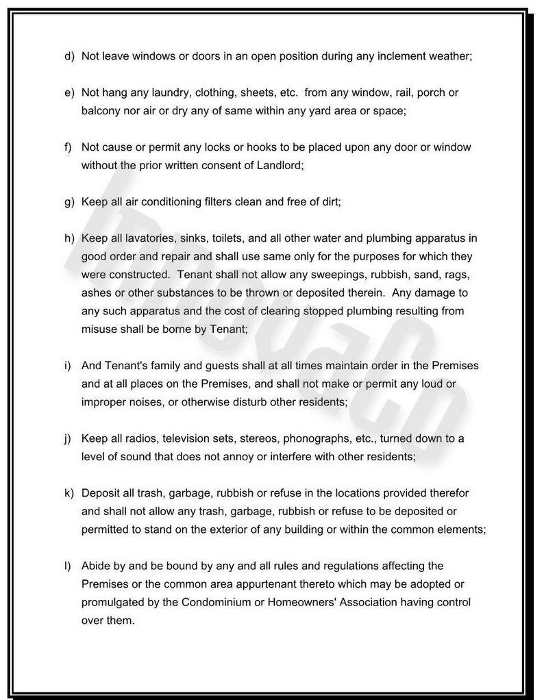 May include: A black and white document with text detailing rules and regulations. The text includes clauses about windows, laundry, locks, air filters, plumbing, noise, and waste disposal. The document is framed with a black border.