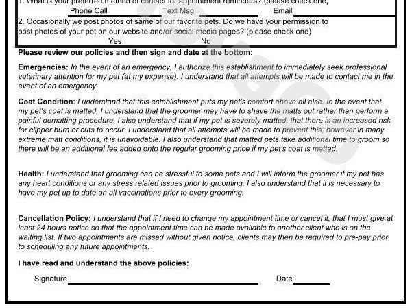 Pet Grooming Consent and Release Form Version 2, Pet Grooming, Dog ...
