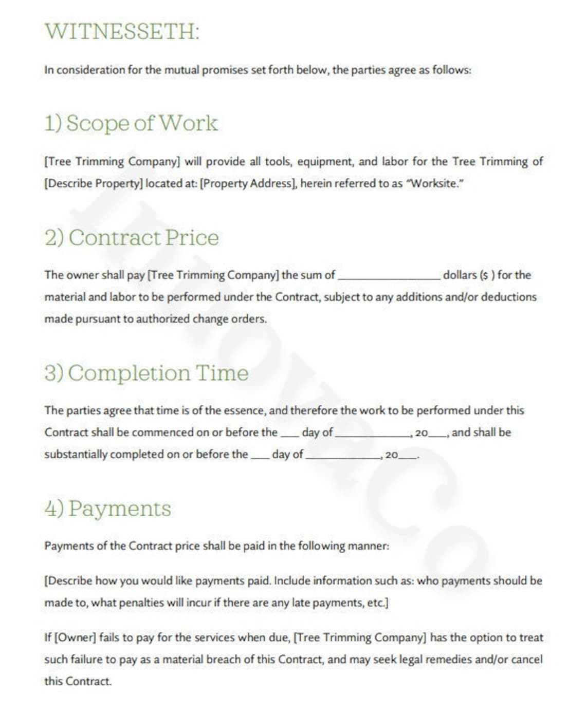 Tree Trimming Contract Template, Tree Removal Contract Agreement, Tree