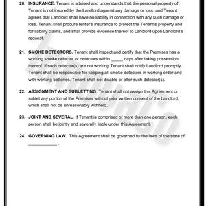 May include: A black and white document with text detailing legal clauses, including insurance, smoke detectors, assignment, subletting, and governing law. The document is framed with a black border.