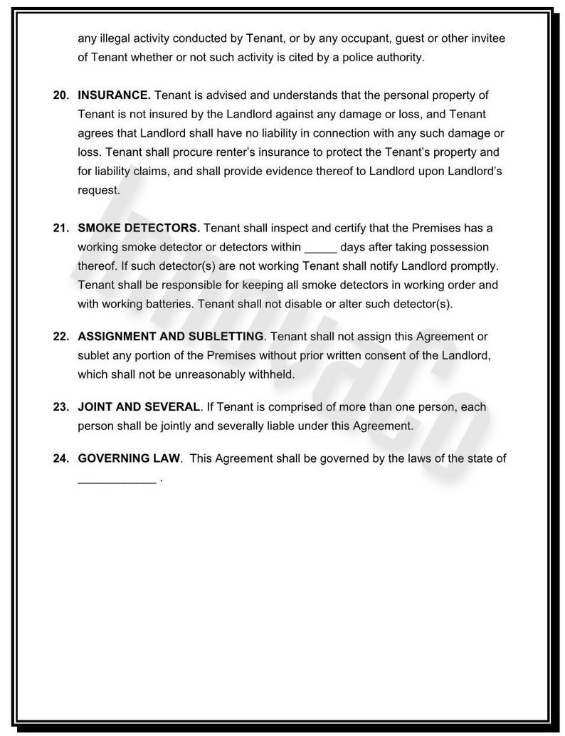 May include: A black and white document with text detailing legal clauses, including insurance, smoke detectors, assignment, subletting, and governing law. The document is framed with a black border.