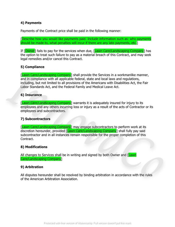 Lawn Care Service Agreement Lawn Care And Landscape Contract Etsy