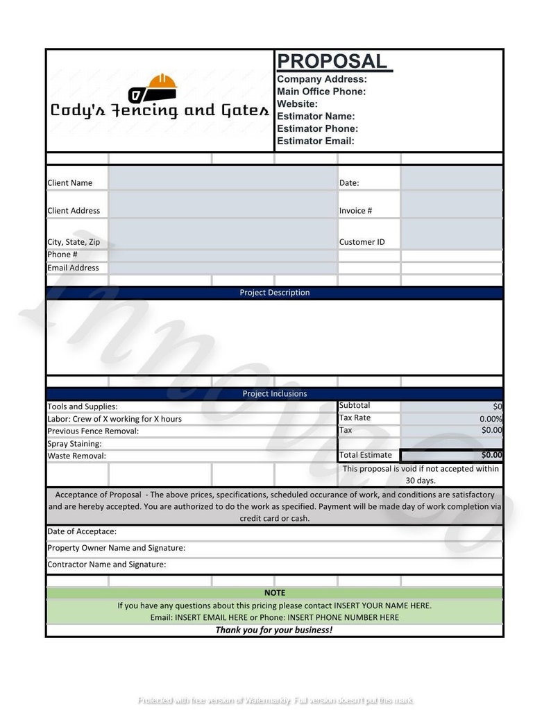 Printable Fence Estimate Form Template Printable Templates