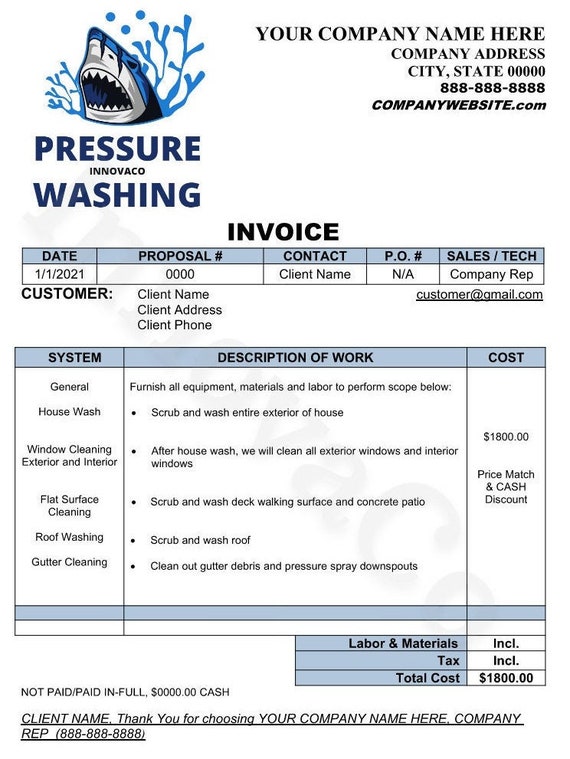 Pressure Washing Invoice Soft Wash Invoice Power Wash | Etsy