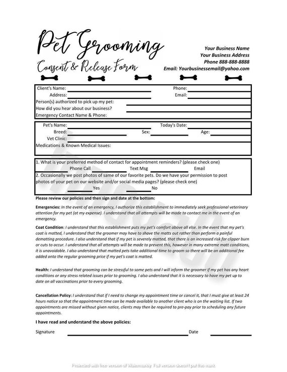 Pet Grooming Consent and Release Form Pet Grooming Dog Etsy