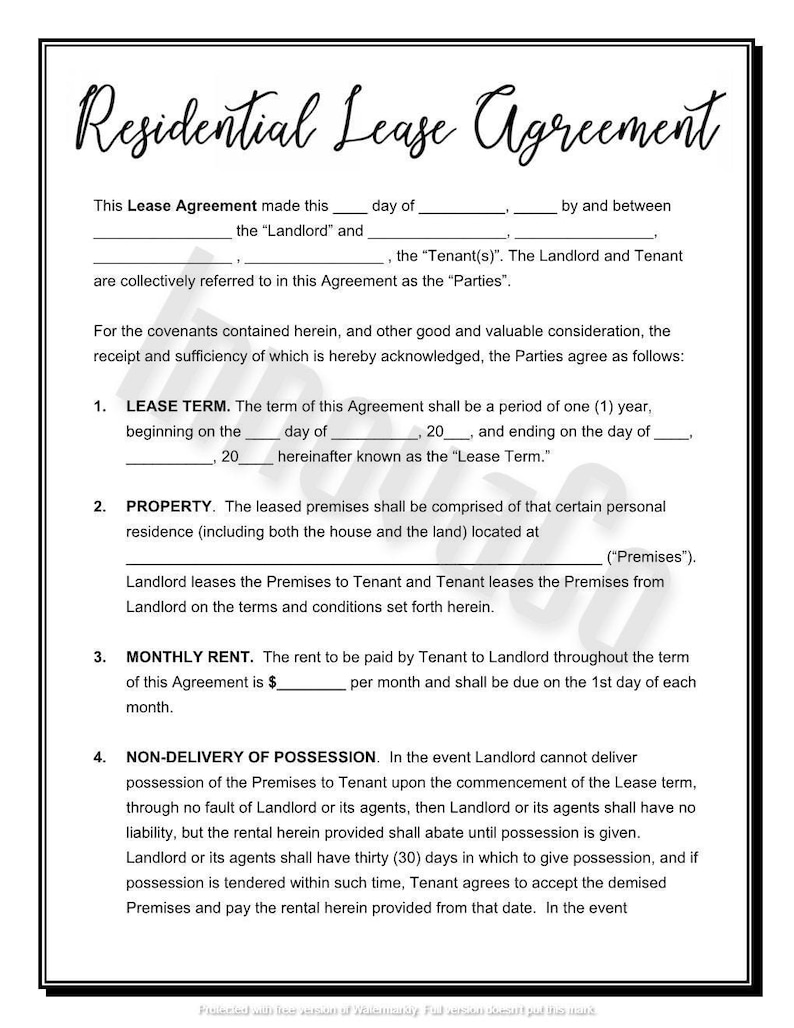 May include: A black and white residential lease agreement document. The document includes sections for lease term, property, monthly rent, and non-delivery of possession. The title "Residential Lease Agreement" is at the top.