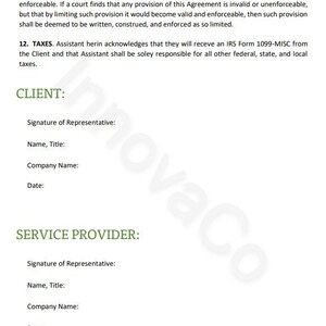 May include: A legal document with the title "CLIENT" and "SERVICE PROVIDER" with spaces for signatures, names, titles, company names, and dates.
