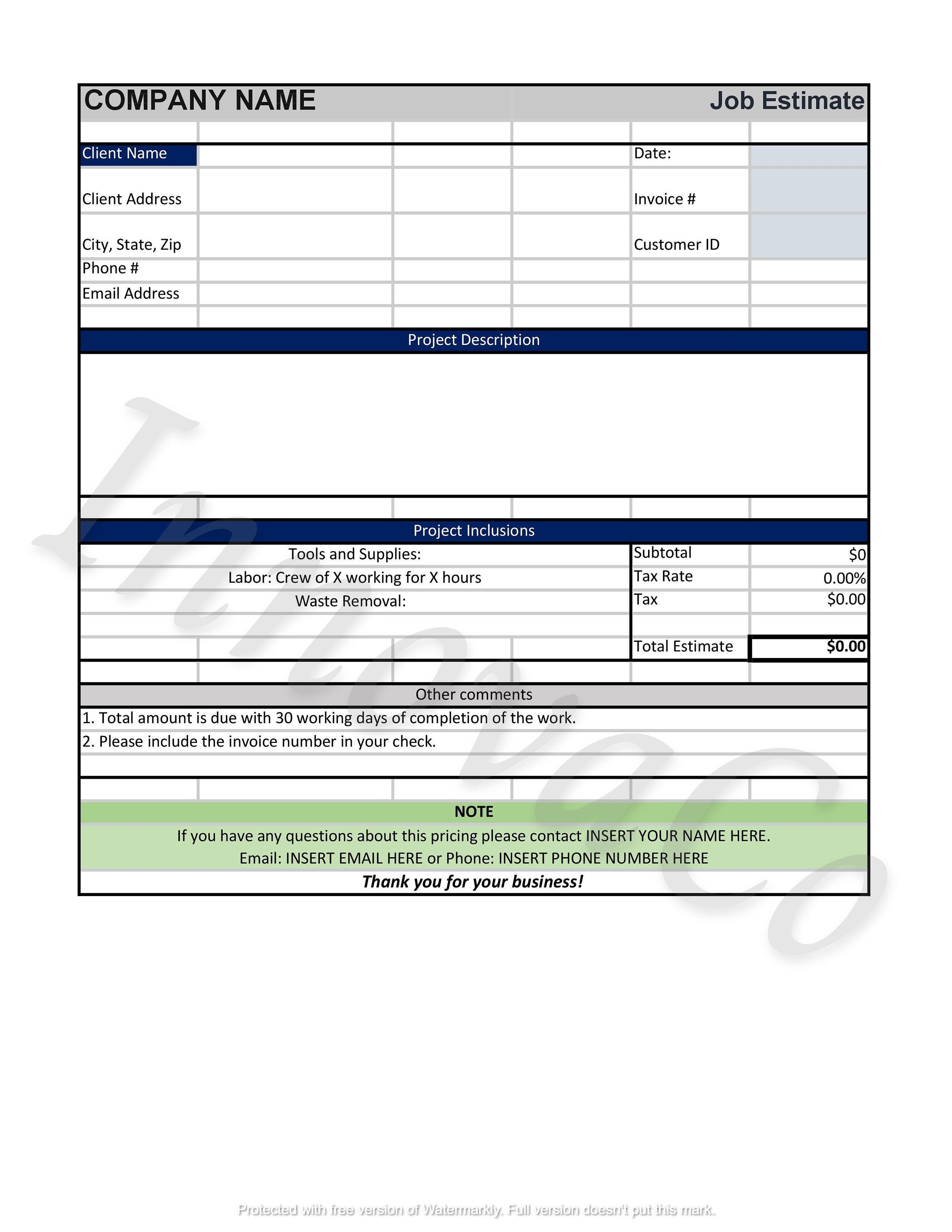 microsoft excel estimate template