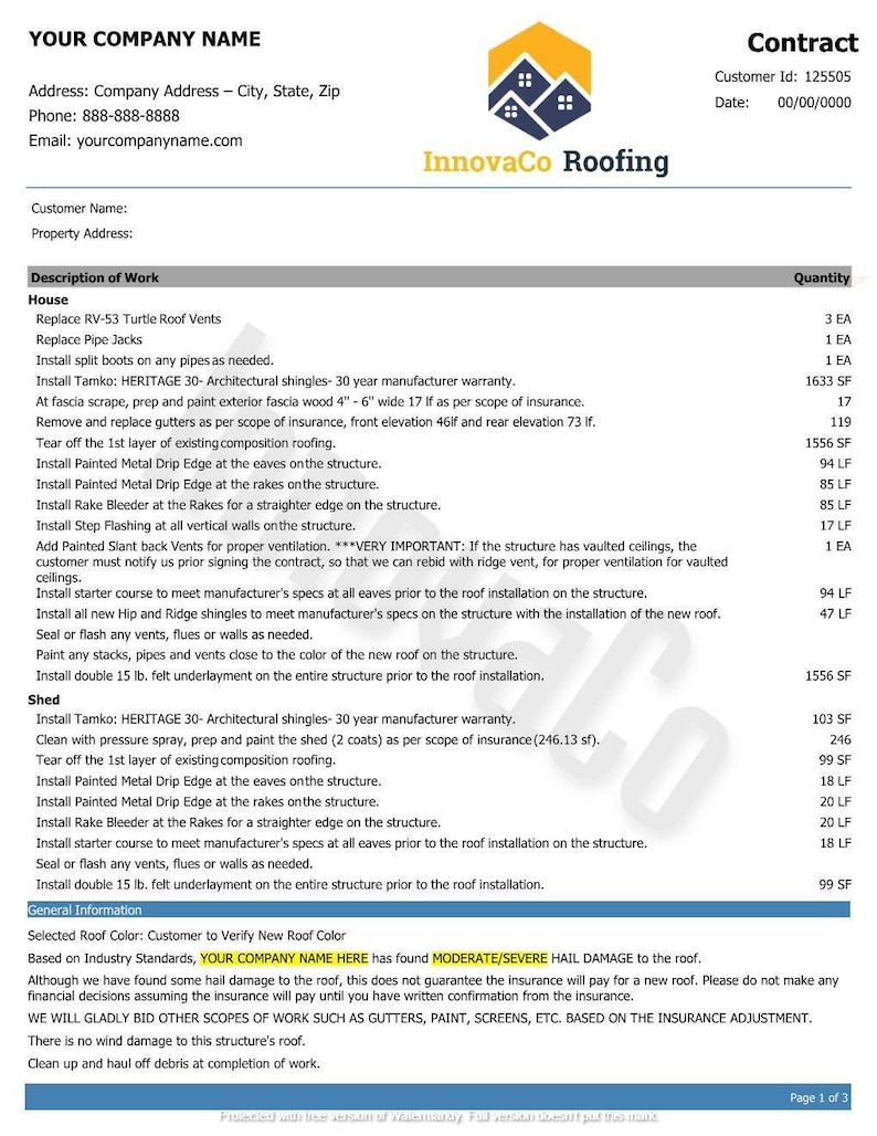 Roofing Contract Template Roofing Quote Form Roofing Etsy