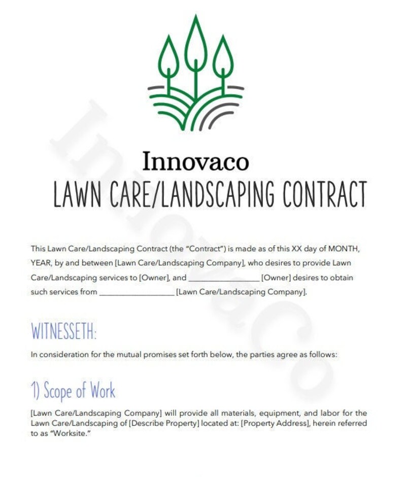 Landscaping Contract Lawn Care Contract Lawn Mowing Etsy