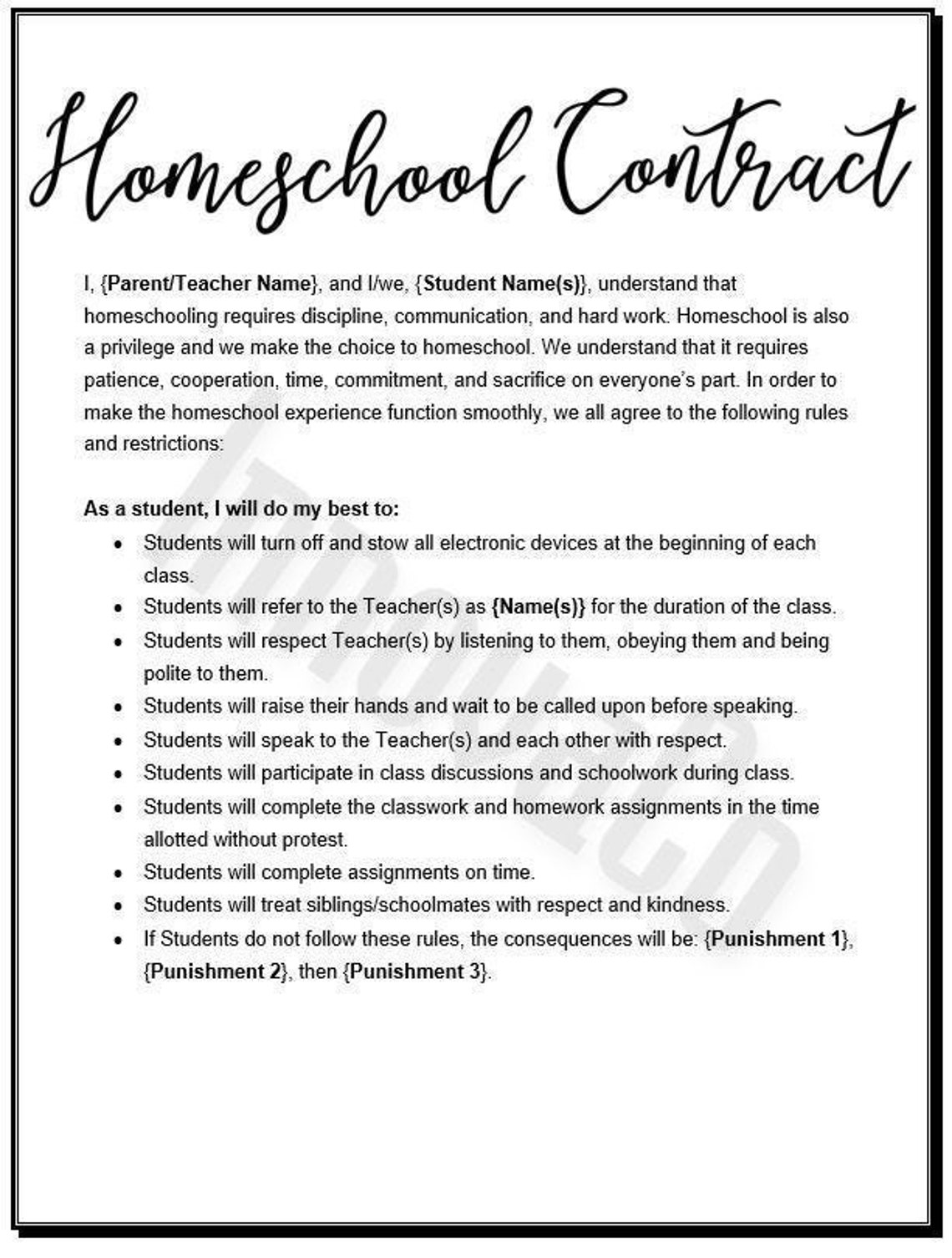 Homeschool Contract, Homeschool Agreement, Homeschool Templates