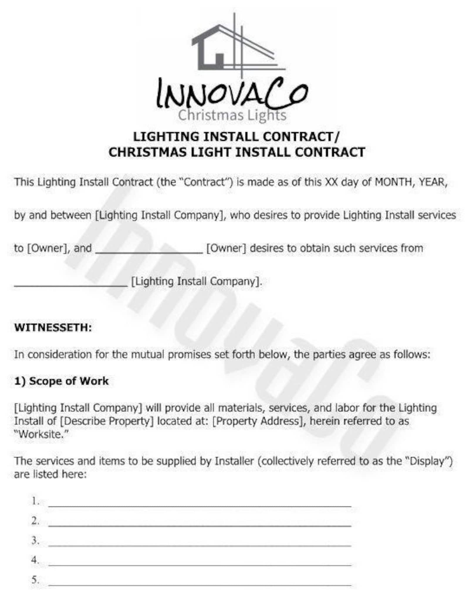 Christmas Light Installation Contract Template, Lighting Install