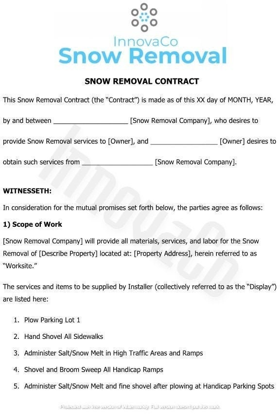 Snow Removal Contract Template, Snow Removal Agreement, Snow Plow