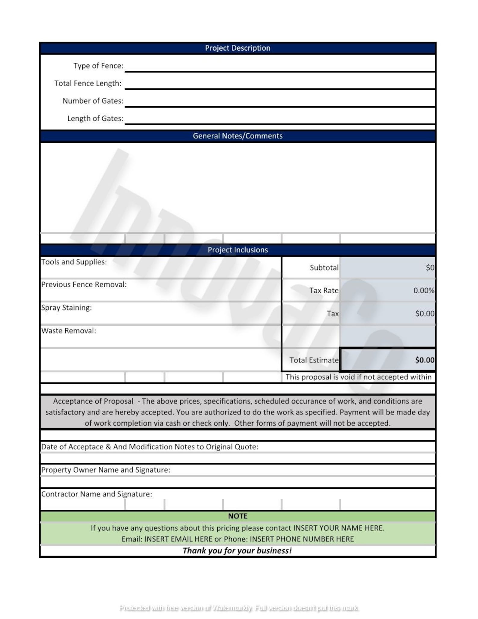 Fencing Estimate Template, Fence Quote Template, Fence Proposal