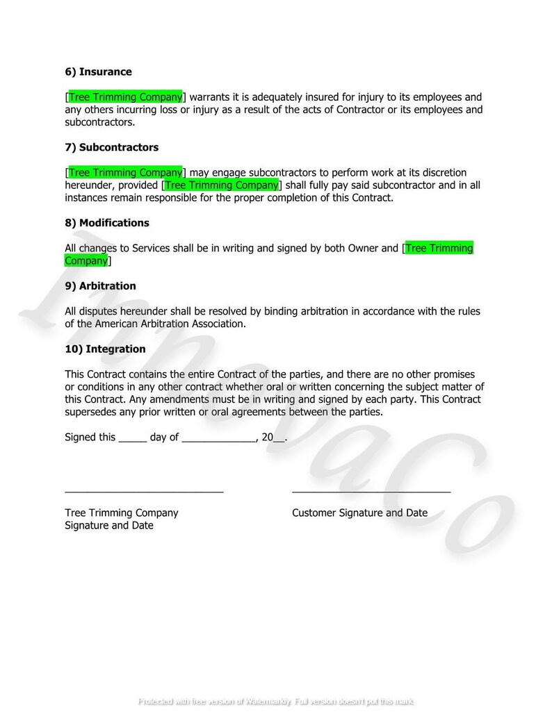 Printable Tree Removal Contract Template Printable Word Searches