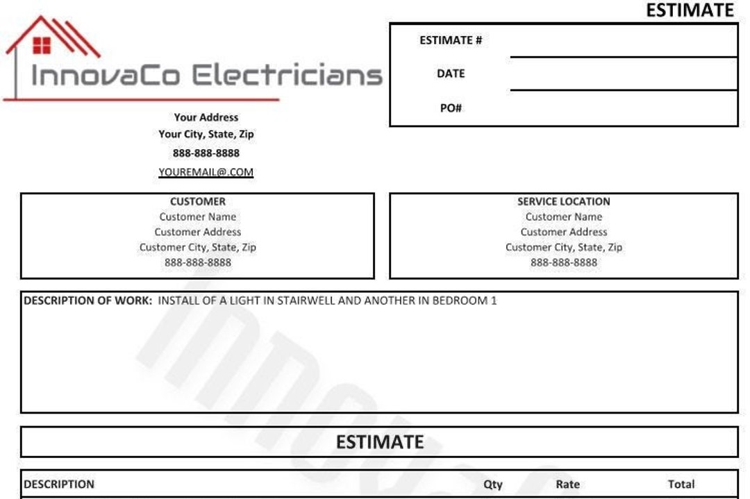 Electrical Estimate Template, Electrical Quote Form, Electrical Bid