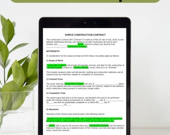 Construction Contract Template | Construction Business Contract Templates | Contract for Construction Business or Handyman