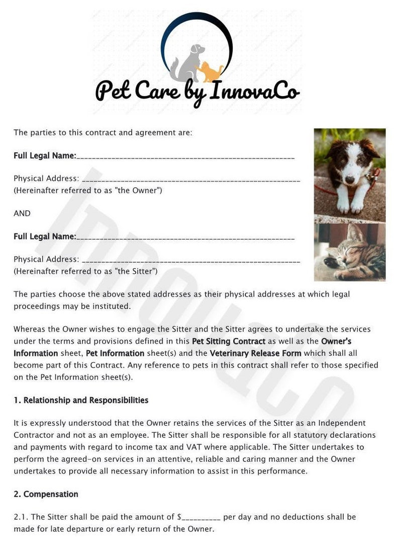 Pet Care Agreement Pet Sitting Contract Pet Care Contract Etsy Canada