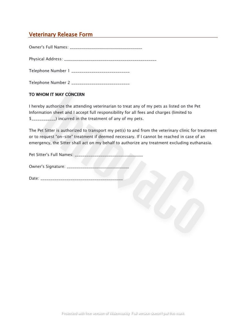 Vet Release Form, Vet Release Template, Pet Sitter Templates, Dog Sitter Vet Info, Cat Sitter Vet Info, Pet Vet Info Sheet, Veterinary Form imagen 1