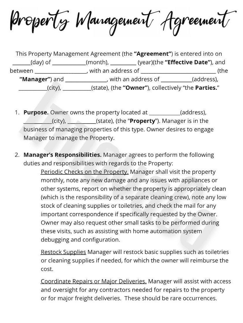 Property Management Agreement, Property Management Template, Property Management Contract, AirBnb, Property Management Residential, Word Doc image 1