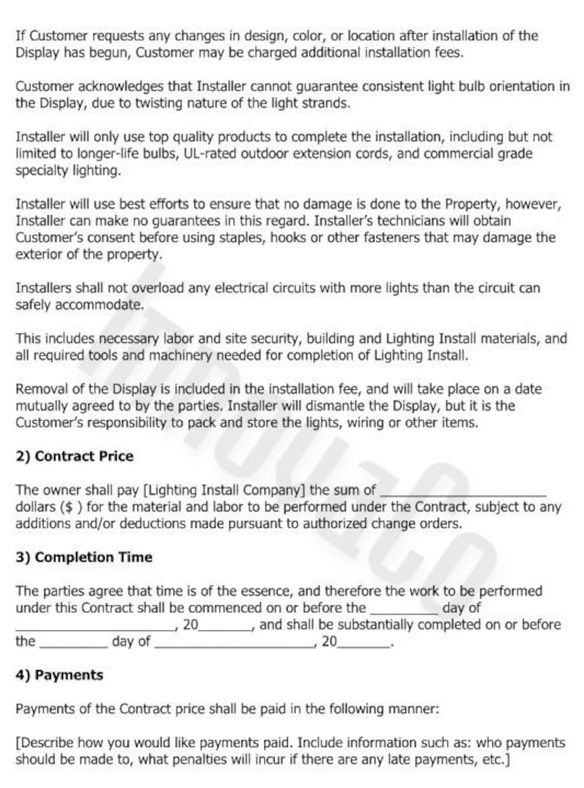 Christmas Light Installation Contract Template, Lighting Install