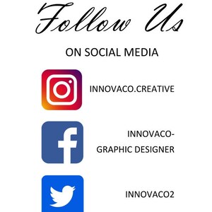 K&ouml;nnte beinhalten: Folge uns auf Social Media Grafik mit Icons f&uuml;r Instagram, Facebook und Twitter. Der Instagram-Handle ist innovaco.creative, der Facebook-Handle ist innovaco-graphic designer und der Twitter-Handle ist innovaco2.