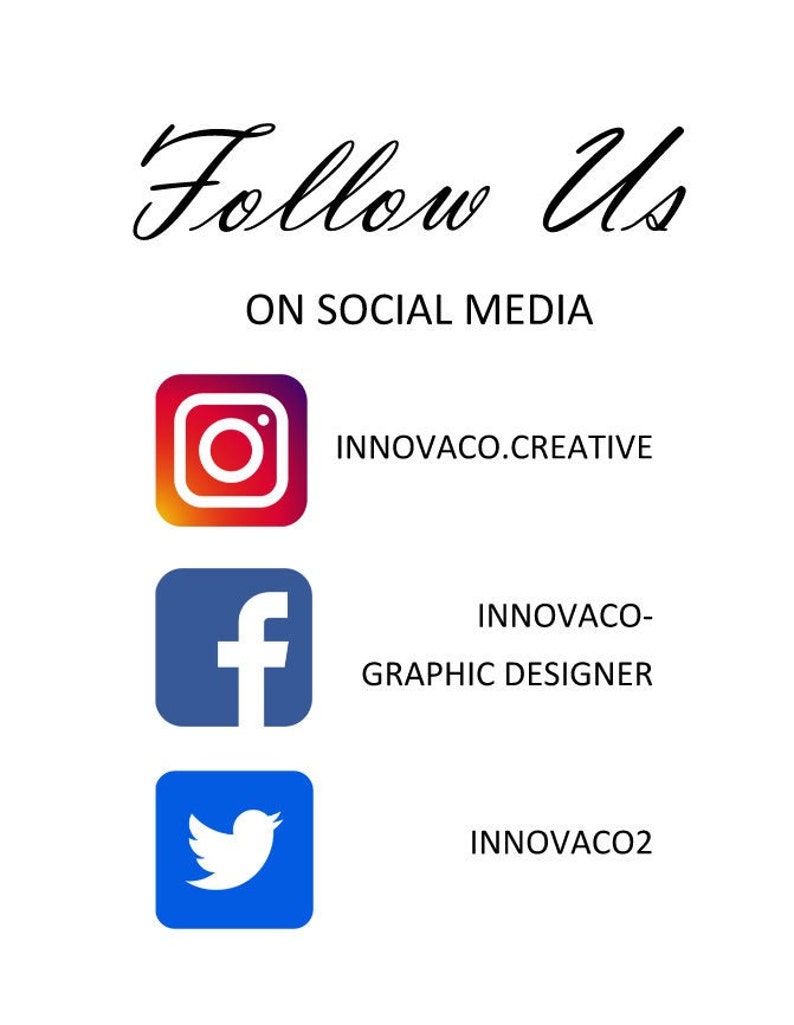 K&ouml;nnte beinhalten: Folge uns auf Social Media Grafik mit Icons f&uuml;r Instagram, Facebook und Twitter. Der Instagram-Handle ist innovaco.creative, der Facebook-Handle ist innovaco-graphic designer und der Twitter-Handle ist innovaco2.