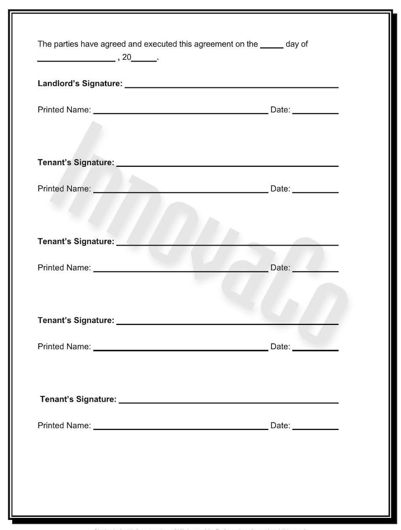 May include: A white document with black text, including fields for signatures and dates. The text reads "The parties have agreed and executed this agreement on the..." and includes sections for Landlord and Tenant signatures.