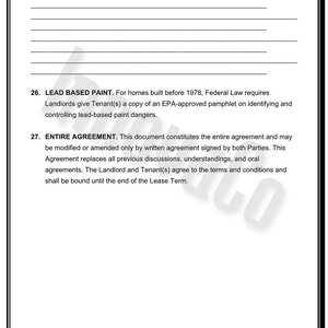May include: A black and white document with text. The document includes sections titled "ADDITIONAL PROVISIONS", "LEAD BASED PAINT", and "ENTIRE AGREEMENT". The text discusses legal requirements and agreements related to lead-based paint and lease terms.