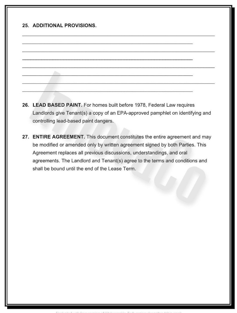 May include: A black and white document with text. The document includes sections titled "ADDITIONAL PROVISIONS", "LEAD BASED PAINT", and "ENTIRE AGREEMENT". The text discusses legal requirements and agreements related to lead-based paint and lease terms.