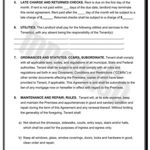 May include: A black and white document with text about a rental agreement. The document includes sections on late charges, utilities, ordinances, statutes, maintenance, and repair rules. The text is in a clear, easy-to-read font.