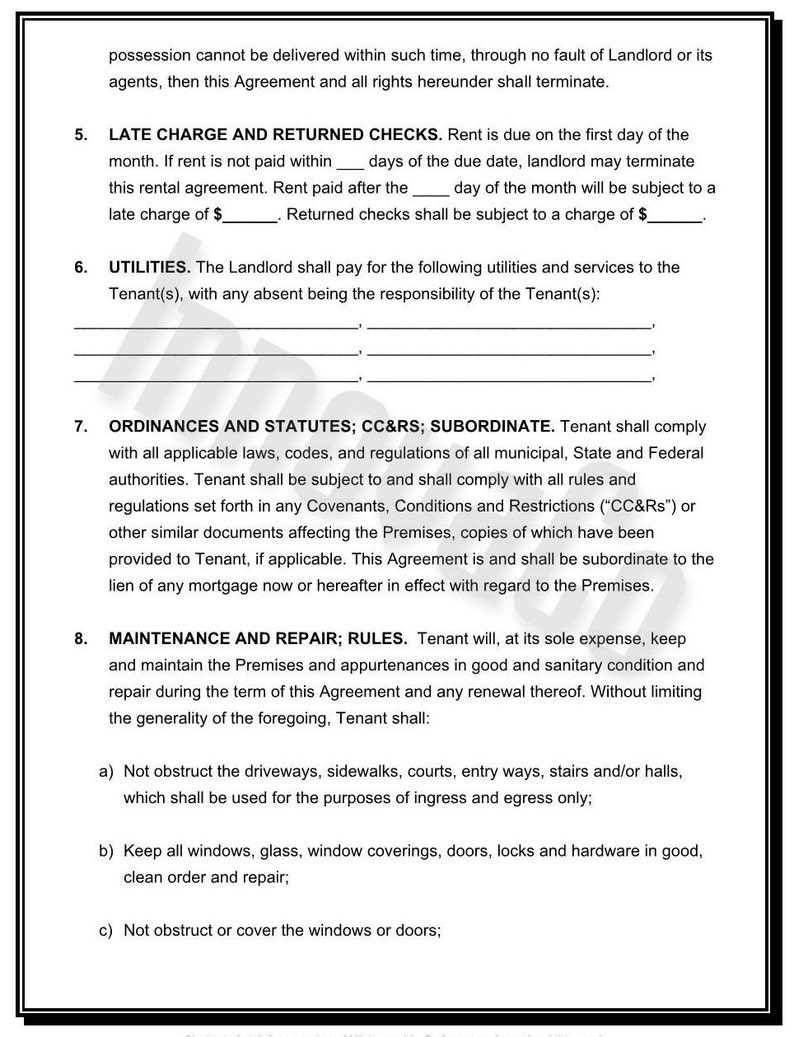 May include: A black and white document with text about a rental agreement. The document includes sections on late charges, utilities, ordinances, statutes, maintenance, and repair rules. The text is in a clear, easy-to-read font.