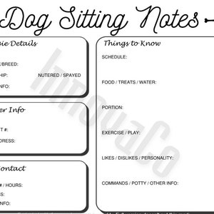 Dog Sitter Notes, Dog Sitting Notes, Dog Sitter Printable Template, Pet Information Sheet, Simple Pet Sitter Form Template, Pet Info Sheet