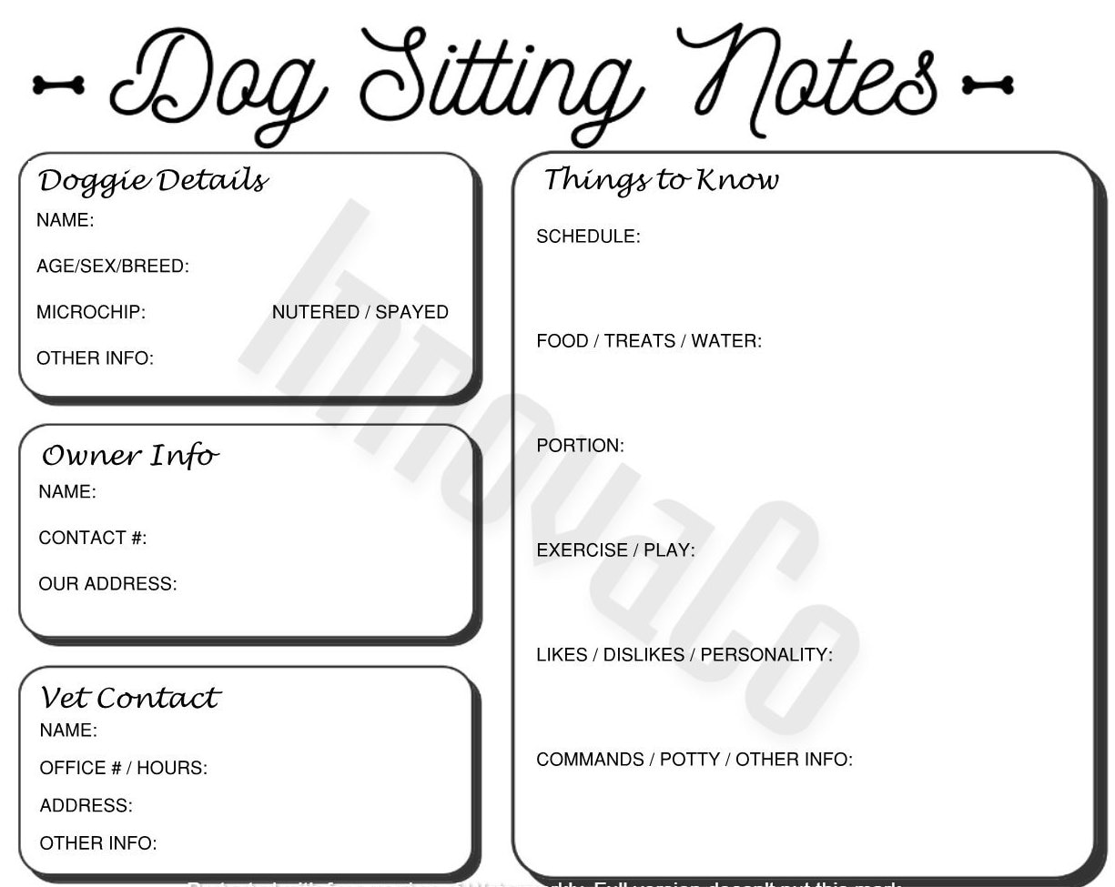Dog Sitter Notes, Dog Sitting Notes, Dog Sitter Printable Template, Pet