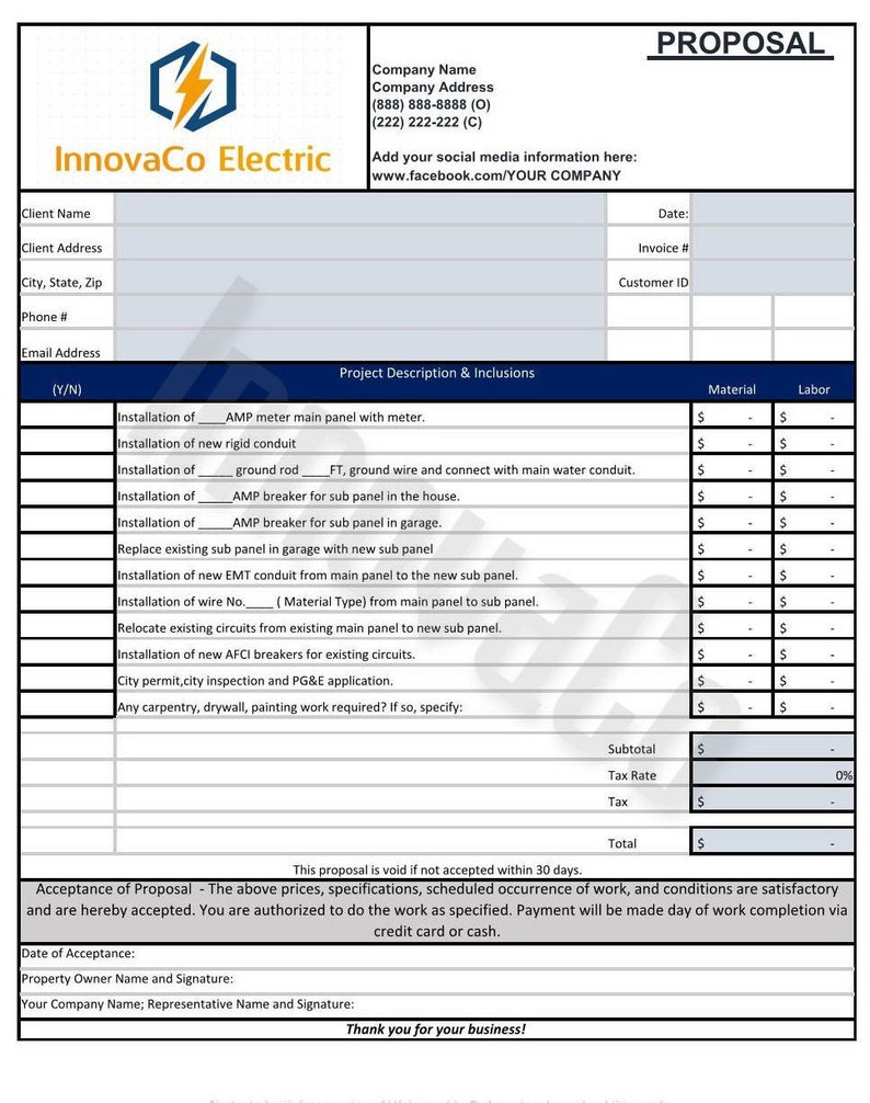 Electrical Contractor Estimate Template Electrical Contractor Etsy Canada