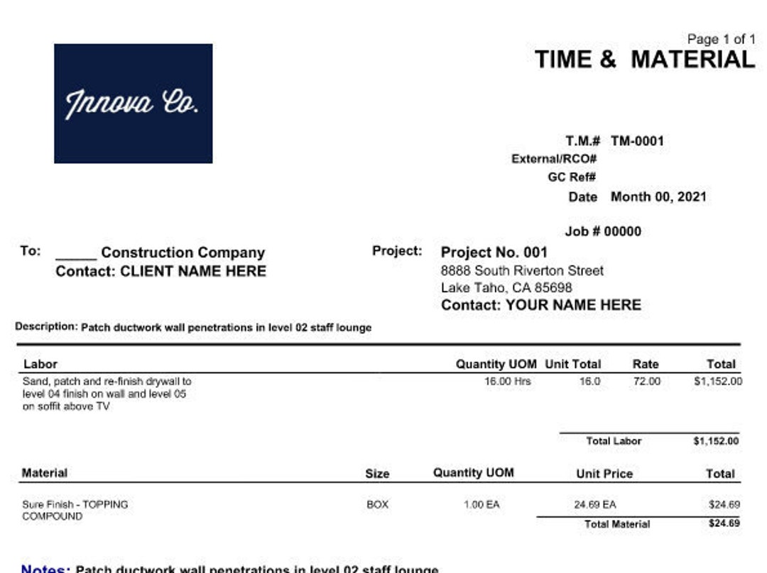 Simple T&M Template, Extra Work Order Ticket Template, Handyman Time