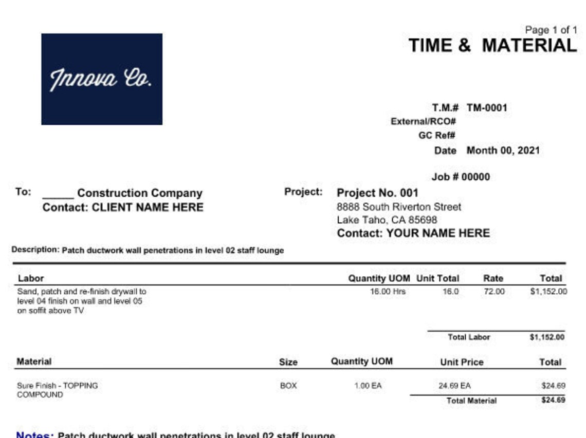 Simple T&M Template, Extra Work Order Ticket Template, Handyman Time Simple T&M Template, Extra Work Order Ticket Template, Handyman Time