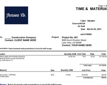 Simple T&M Template, Extra Work Order Ticket Template, Handyman Time and Materials, Hourly Extra Work Template, Contractor Templates