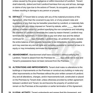 May include: A document with text detailing legal clauses, including liability, default, abandonment, alterations, and illegal activity. The text is in a formal font, with numbered sections and a black border.