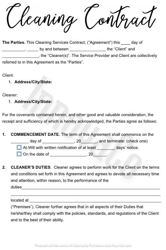 Free Printable Cleaning Contract Template