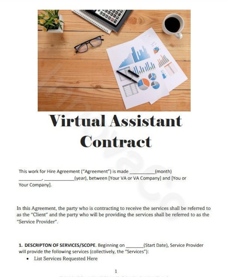 K&ouml;nnte beinhalten: Ein Vertrag f&uuml;r einen virtuellen Assistenten-Service. Der Vertrag wird zwischen einem Unternehmen und einer Einzelperson oder einem anderen Unternehmen geschlossen. Der Vertrag enth&auml;lt einen Abschnitt zur Beschreibung der zu erbringenden Leistungen.