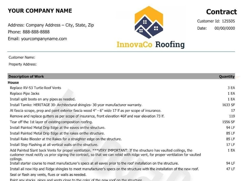 Roofing Contract Template, Roofing Quote Form, Roofing Contract Form