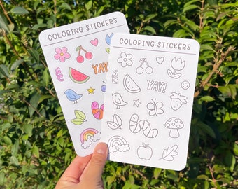 Nature Sticker Sheet | DIY Coloring Animal Fruit Flowers Paper | Color Your Own Kids Children Crafting | Teacher School Activity